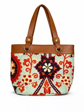 Spartina 449 Daufuskie Island Floral Linen Leather Trim Colorful Shoulder Bag